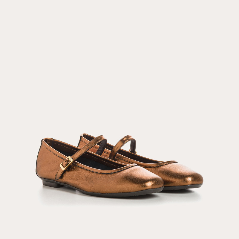 Mary Janes Honor Platinum in Metallic Leather - Bridles and Golden or Silver Loops