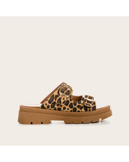 Mules léopard en cuir velours à brides dorées | Reqins