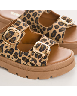 Leopard leather leather mules with golden flanges | Reqins