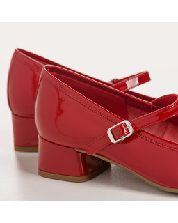 Mary Janes with polished leather heels with silver buckle