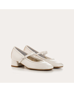 Babies à talons mi-haute en cuir vernis avec boucle dorée ou argentée