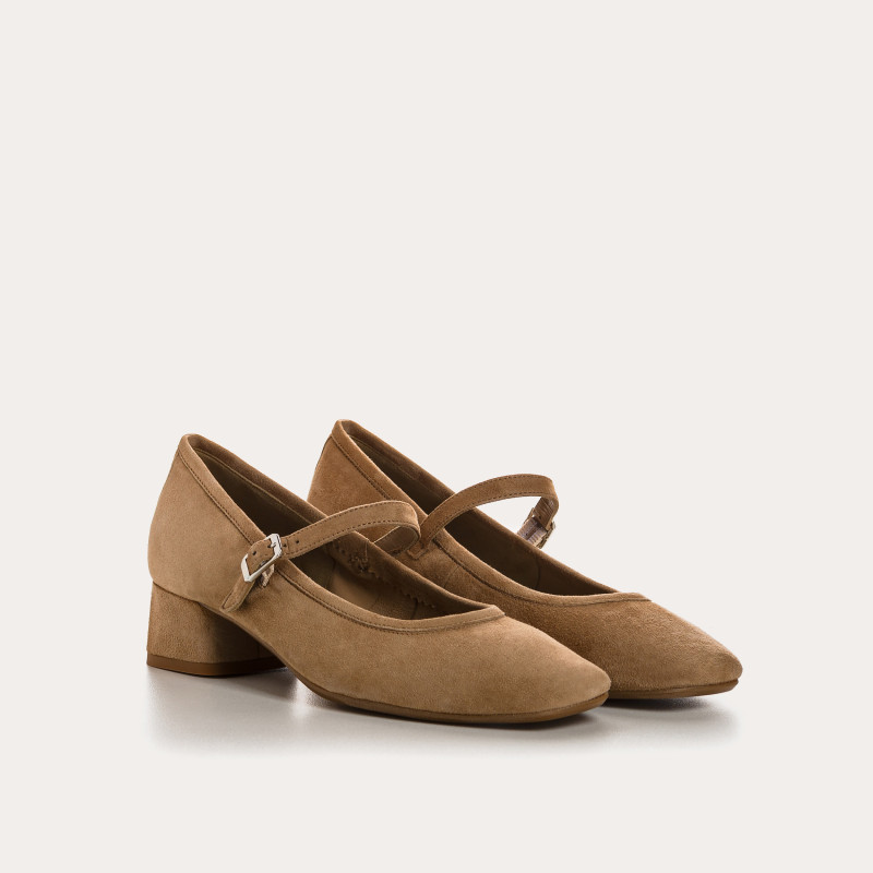 Kelly Brown Heel Mary Janes in Suede