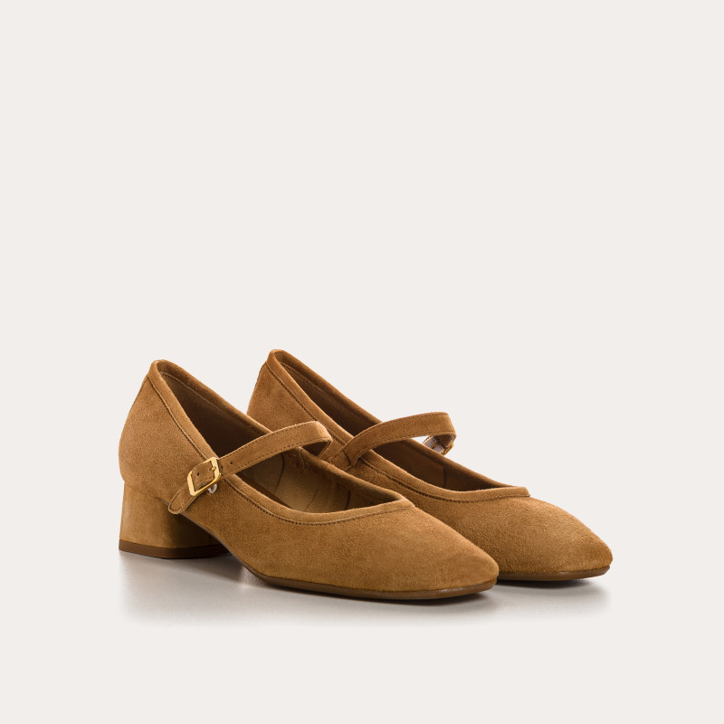 Kelly Brown Heel Mary Janes in Suede