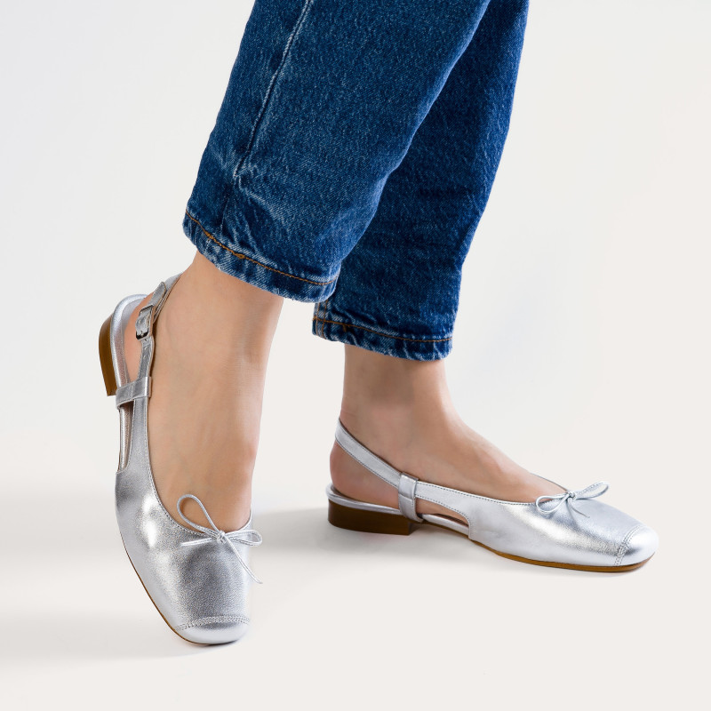 Slingback Circee Metallic Leather Platinum Ballerinas | Reqins
