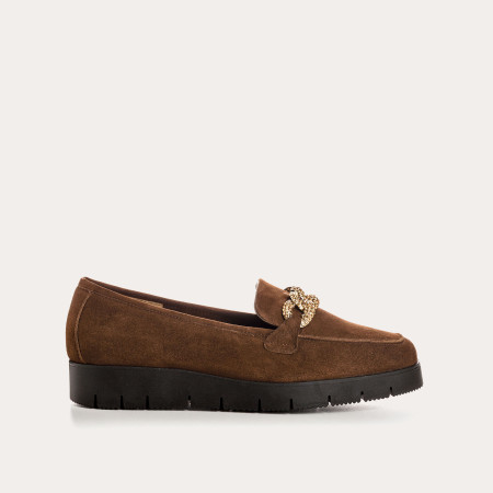 Suede wedge moccasins with silver rhinestones