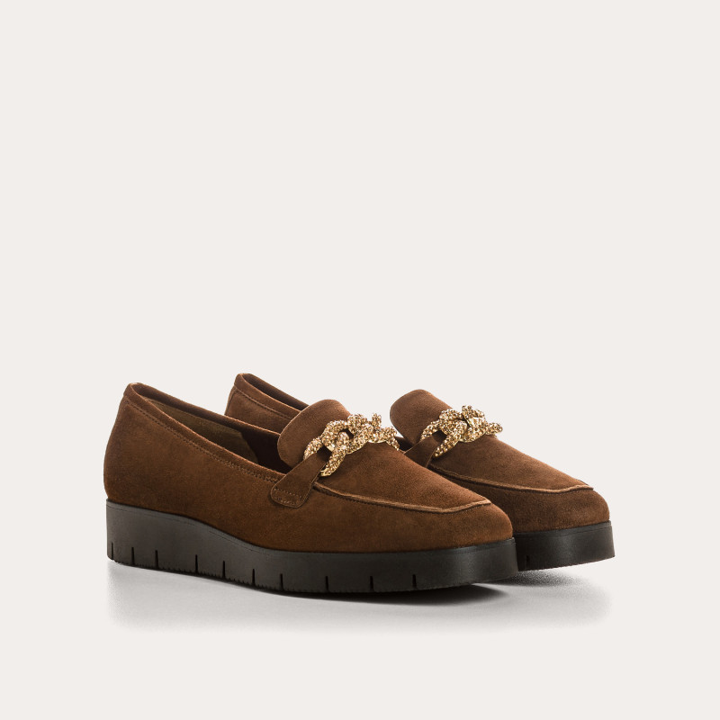 Suede wedge moccasins with silver rhinestones