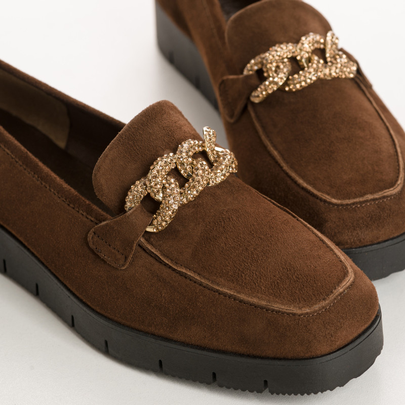 Suede wedge moccasins with silver rhinestones