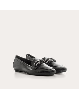 Black leather hilarious moccasins with silver jewel | Reqins