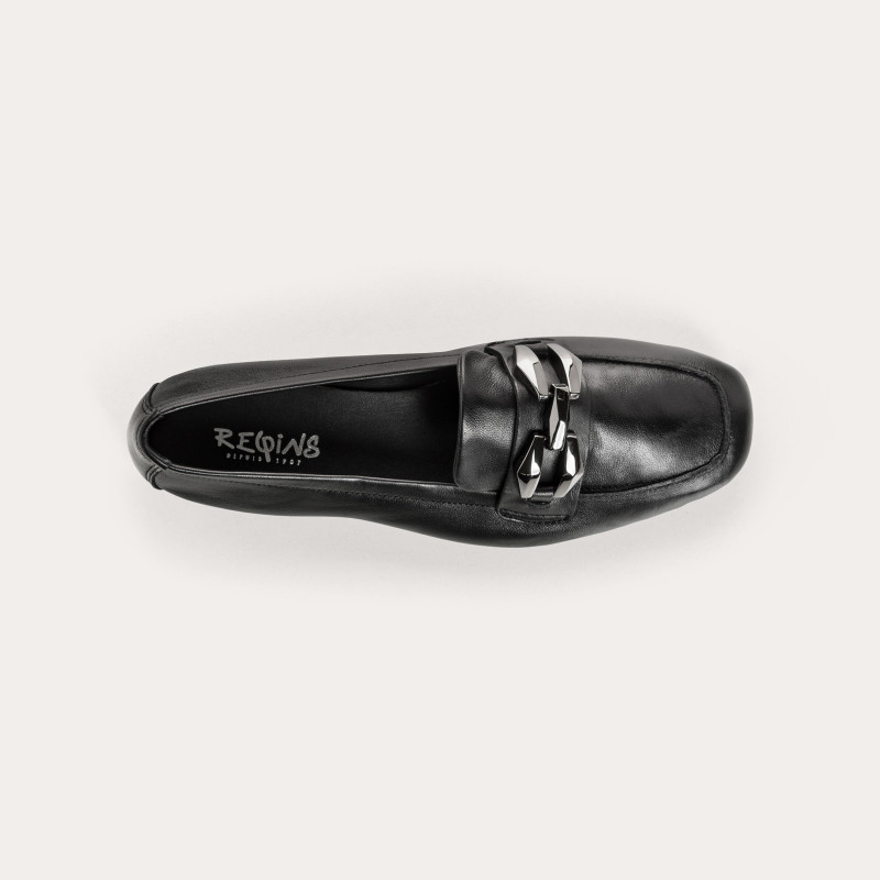Black leather hilarious moccasins with silver jewel | Reqins