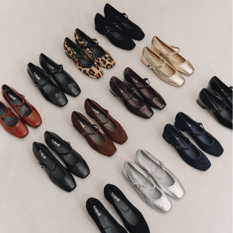 Mary Janes with polished leather heels with silver buckle