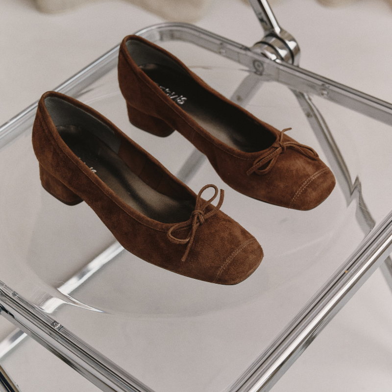 Velvet leather heeled ballerinas with knot