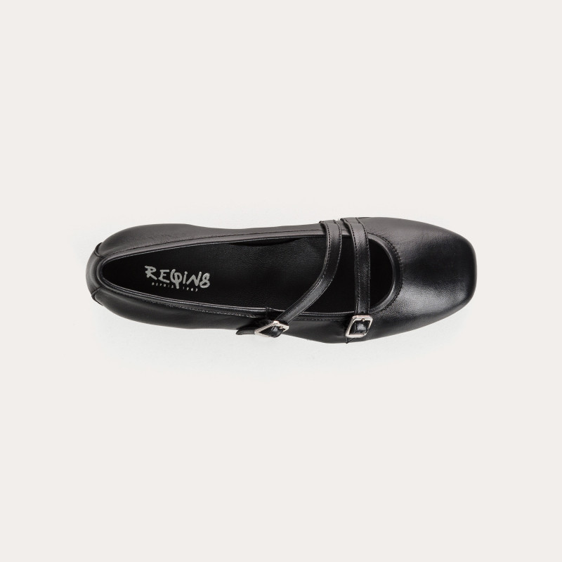 Mary Janes with double black smooth leather flanges with silver buckles