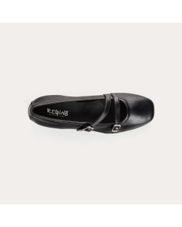 Mary Janes with double black smooth leather flanges with silver buckles