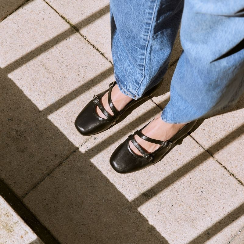 Mary Janes with double black smooth leather flanges with silver buckles