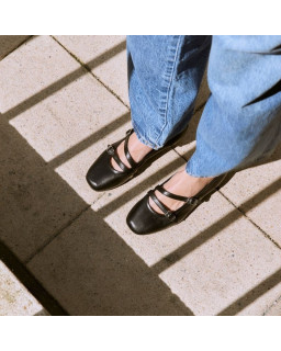 Mary Janes with double black smooth leather flanges with silver buckles