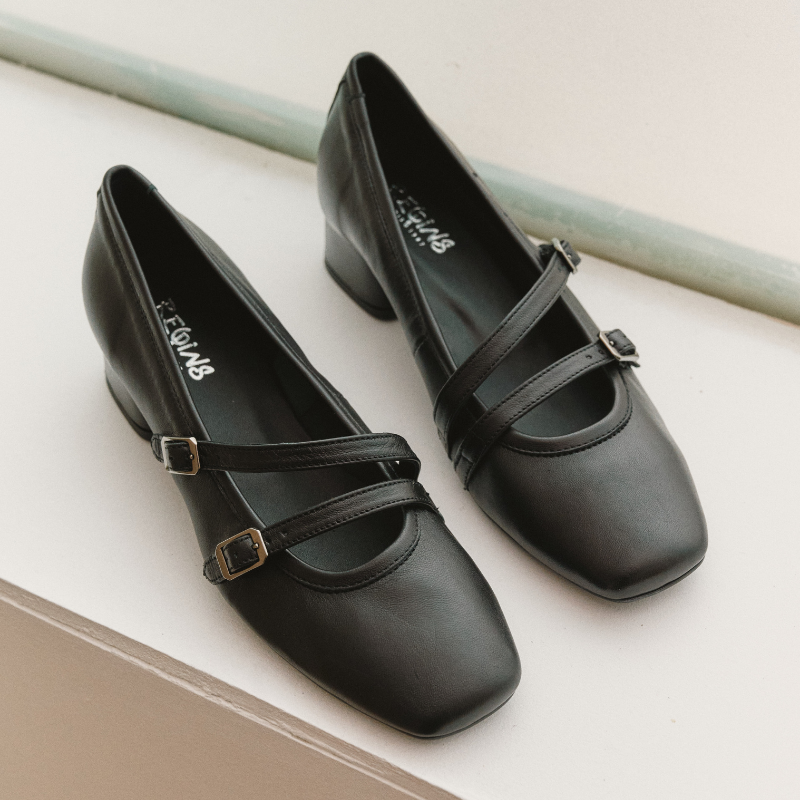 Mary Janes with double black smooth leather flanges with silver buckles