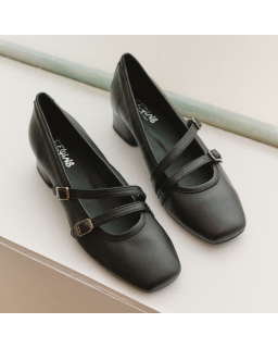 Mary Janes with double black smooth leather flanges with silver buckles
