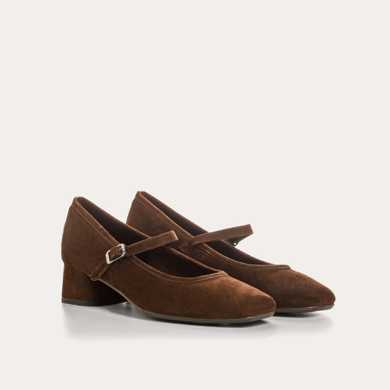 Kelly Brown Heel Mary Janes in Suede