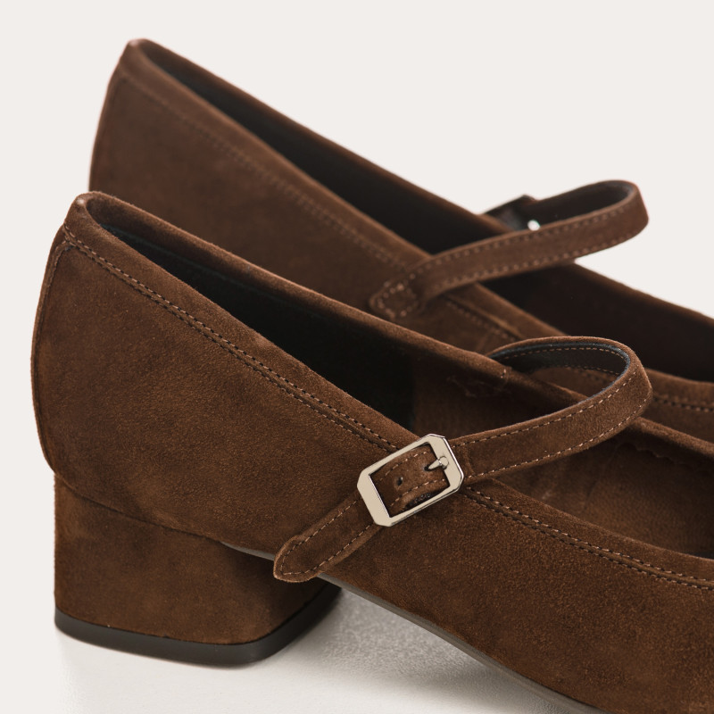 Kelly Brown Heel Mary Janes in Suede
