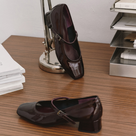 Mary Janes with polished leather heels with silver buckle