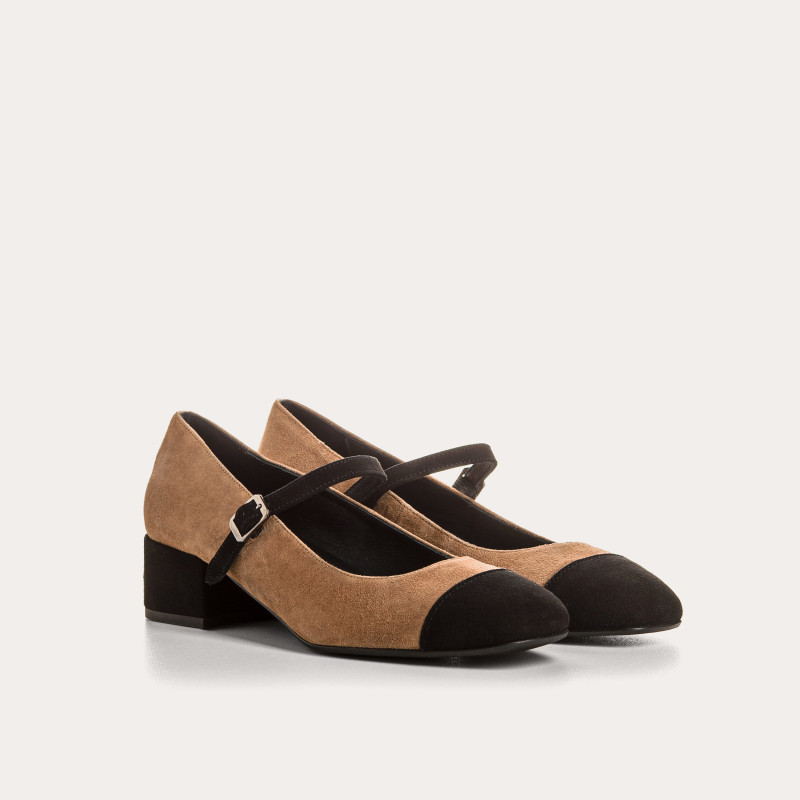 Mary Janes Rosaria Suede Camel and Black | Reqins