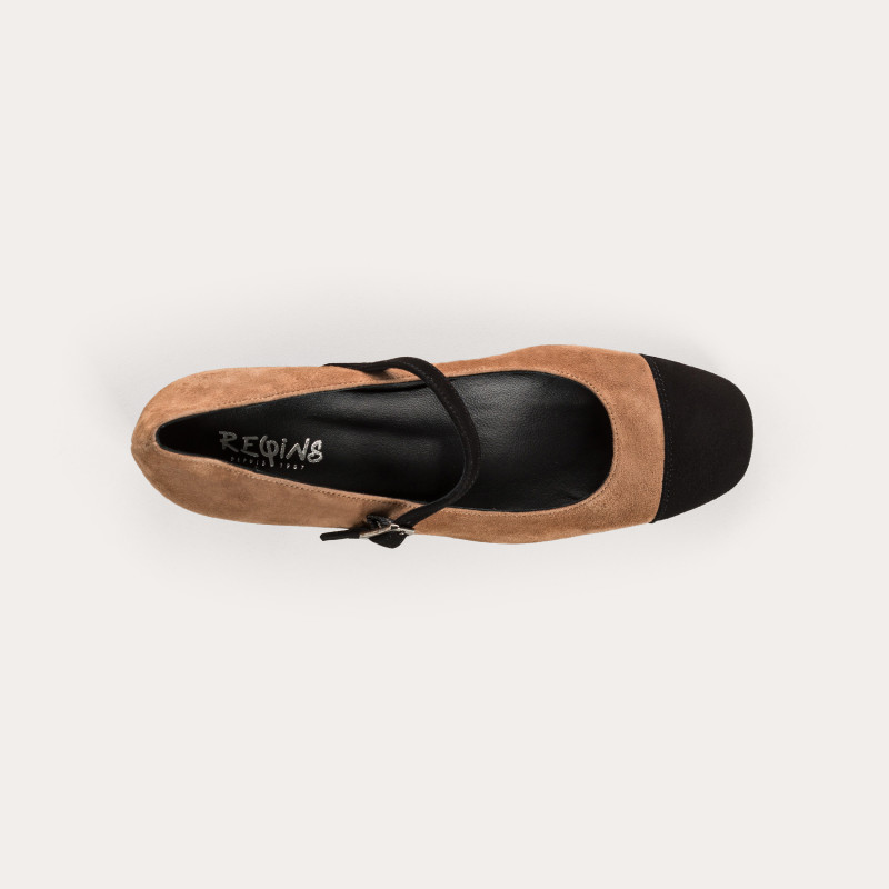 Mary Janes Rosaria Suede Camel and Black | Reqins