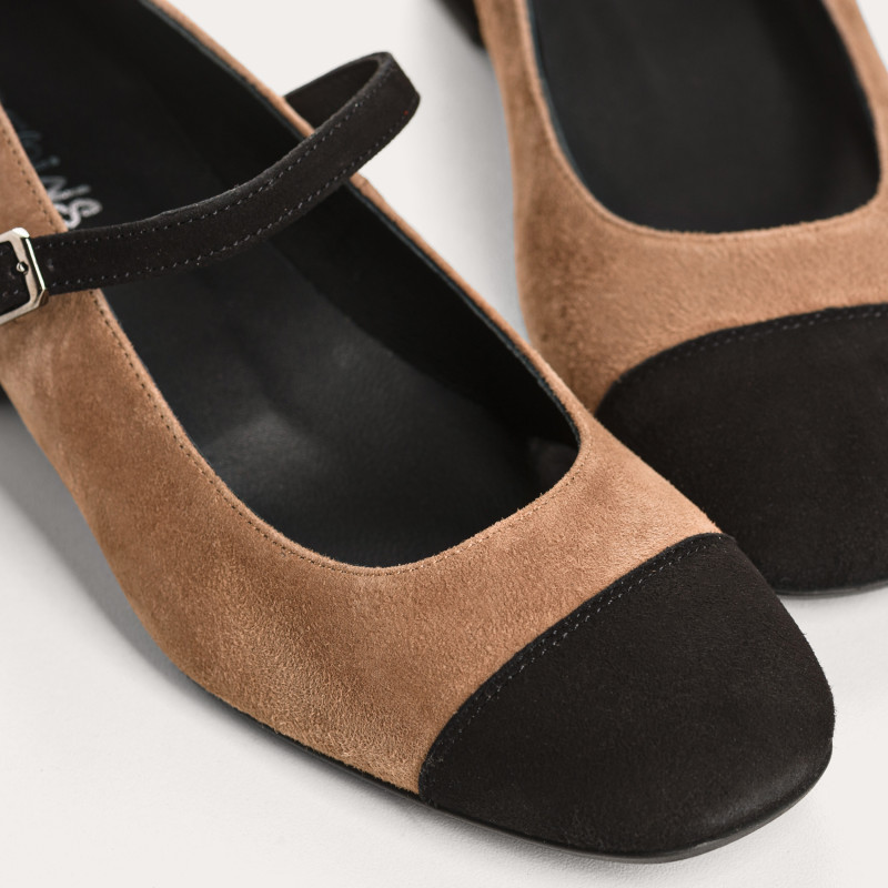 Mary Janes Rosaria Suede Camel and Black | Reqins