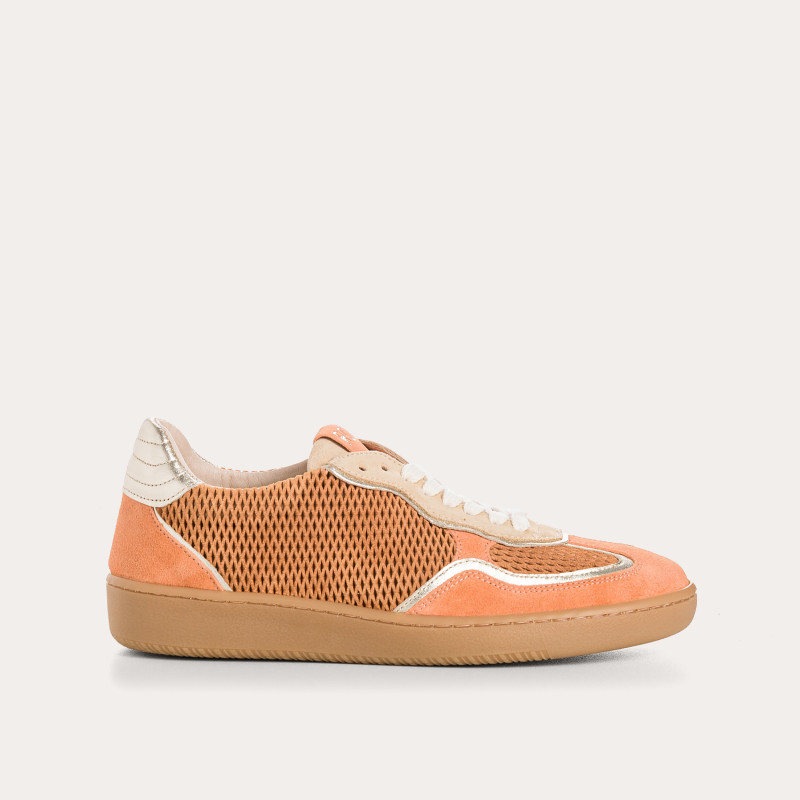 Baskets Athena orange en cuir velours perforé | Reqins