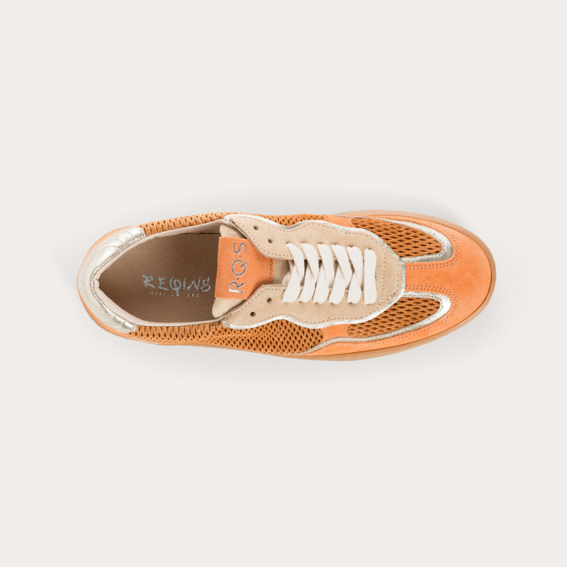 Baskets Athena orange en cuir velours perforé | Reqins