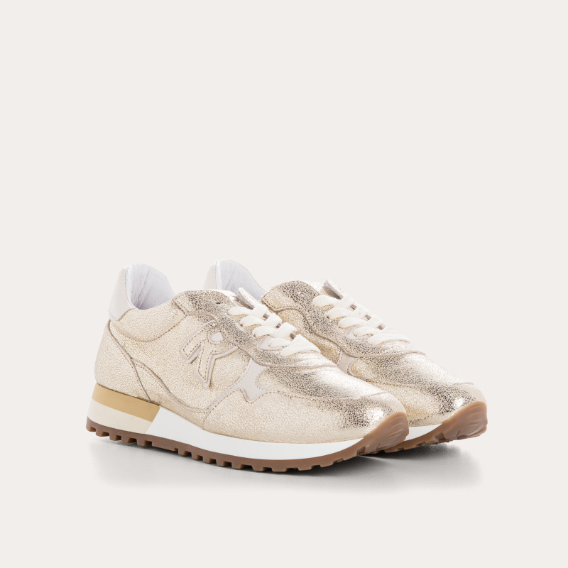 Mania lace-cracked metallic leather sneakers