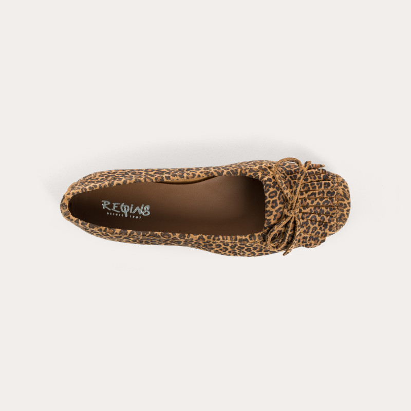 Hindi mini leopard print suede ballerinas with fringes | Reqins