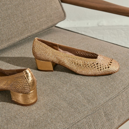 Ballerines Rika dorées en crochet à talon carré | Reqins
