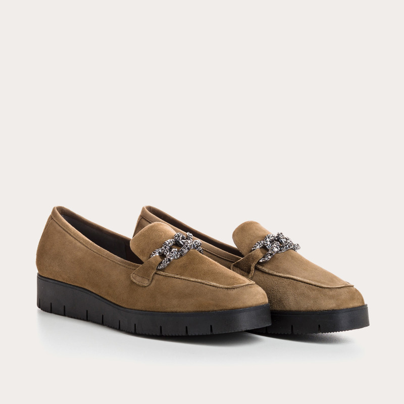 Suede wedge moccasins with silver rhinestones