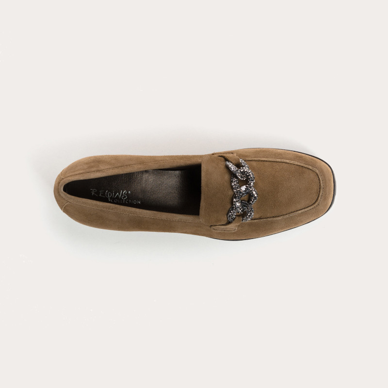 Suede wedge moccasins with silver rhinestones