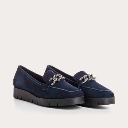 Suede wedge moccasins with silver rhinestones