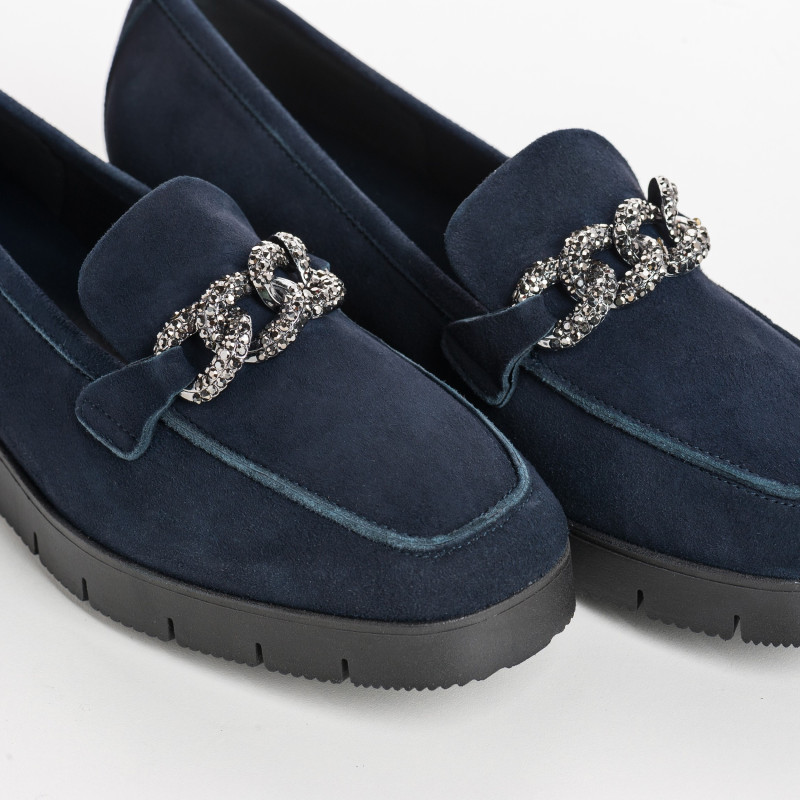 Suede wedge moccasins with silver rhinestones