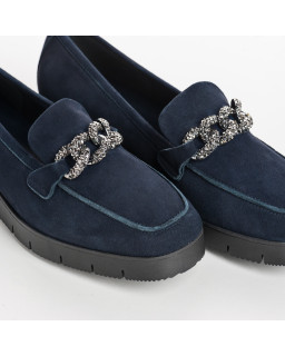Suede wedge moccasins with silver rhinestones
