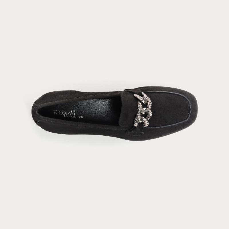 Suede wedge moccasins with silver rhinestones