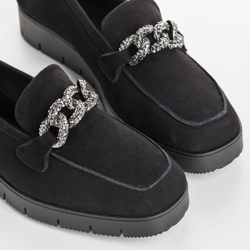 Suede wedge moccasins with silver rhinestones