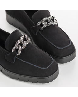 Suede wedge moccasins with silver rhinestones